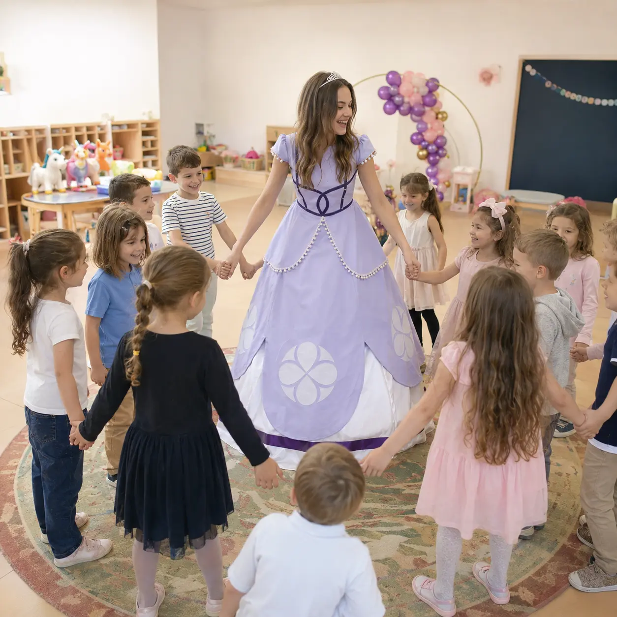 Animatoare în costum de poveste cu grup de copii