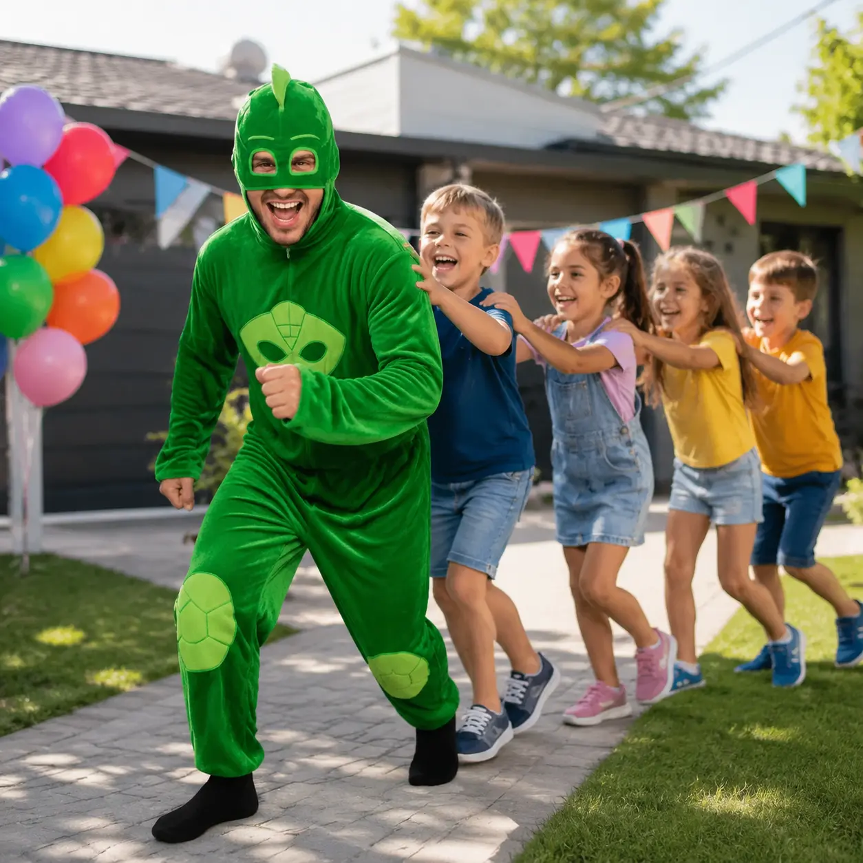 Animator în costum verde la petrecere