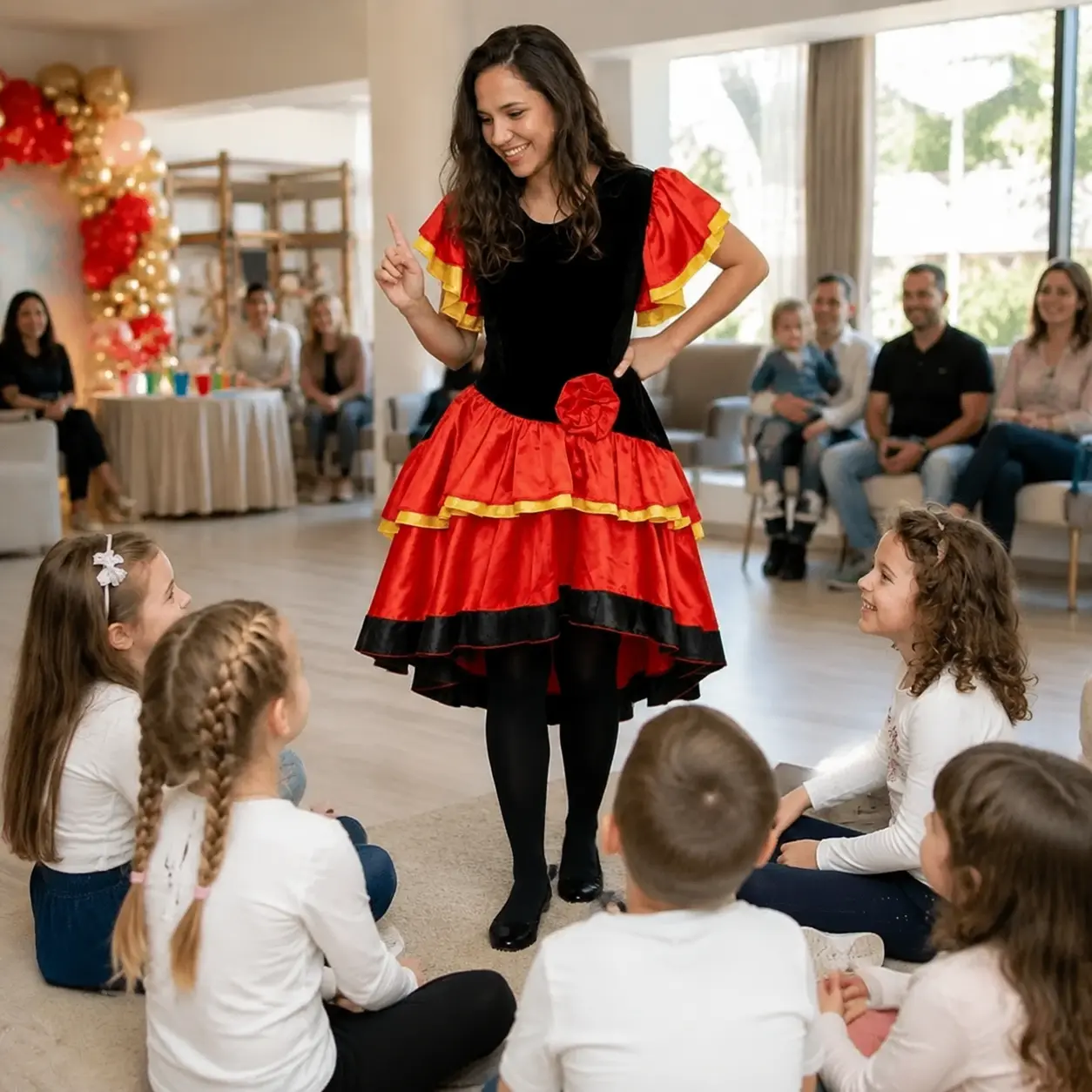 Animatoare în costum roșu cu copii