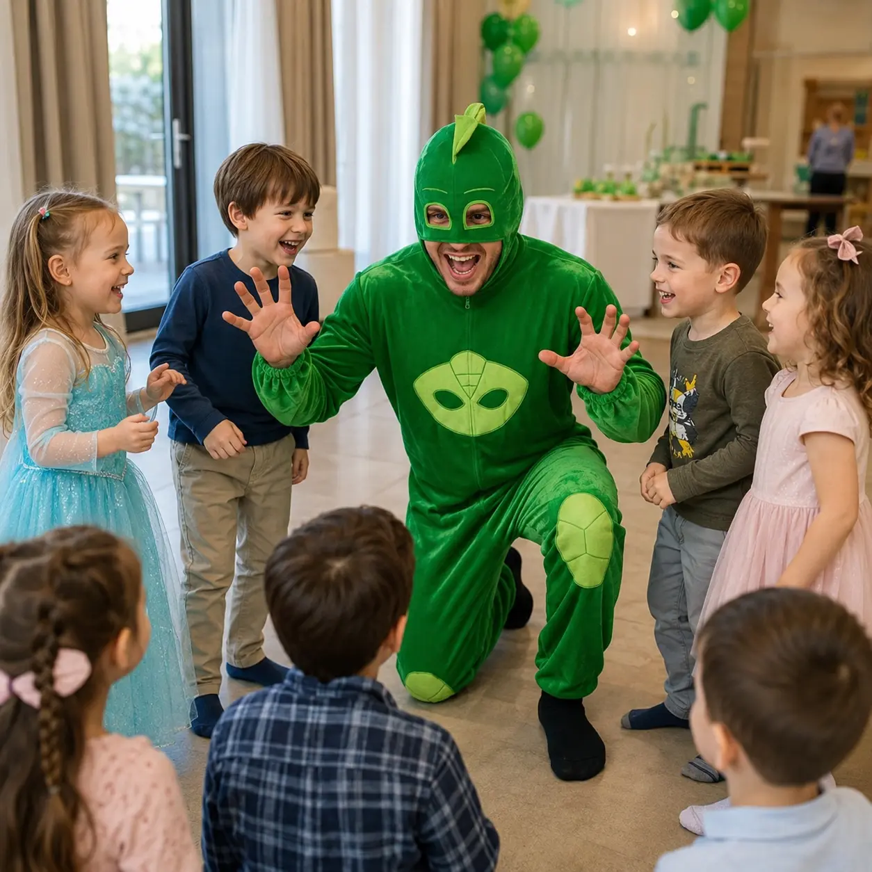 Animator în costum verde alături de copii la o petrecere