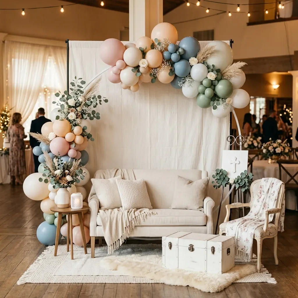 Zonă pentru fotografii la un botez decorată cu baloane