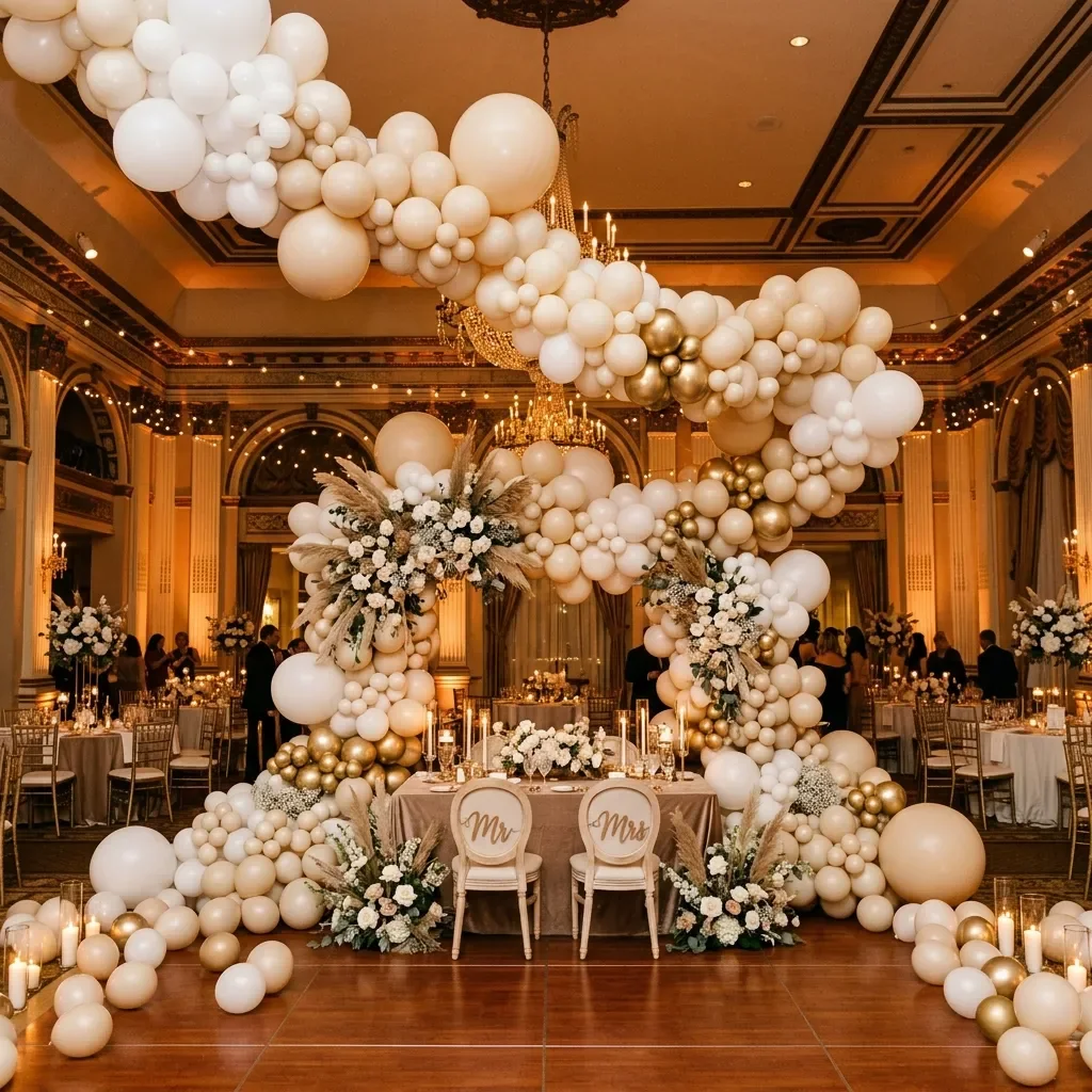 Arcadă elegantă cu baloane într-un decor de nuntă