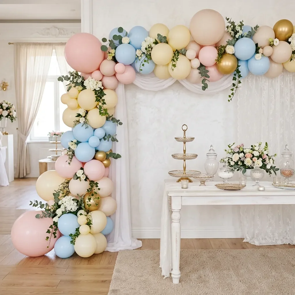 Panou și decor de baloane lângă un candy bar