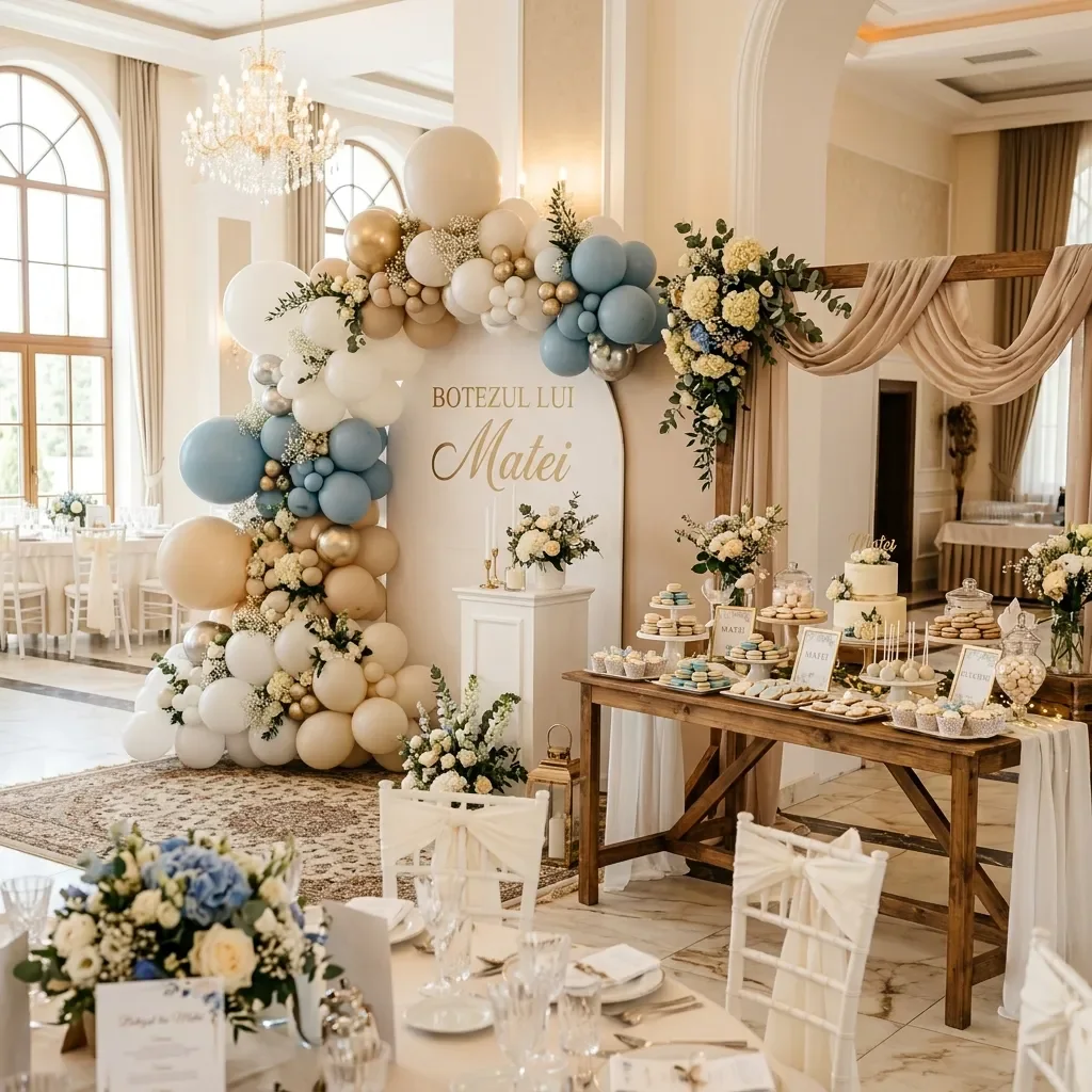 Decor pastel cu baloane pentru masa principală