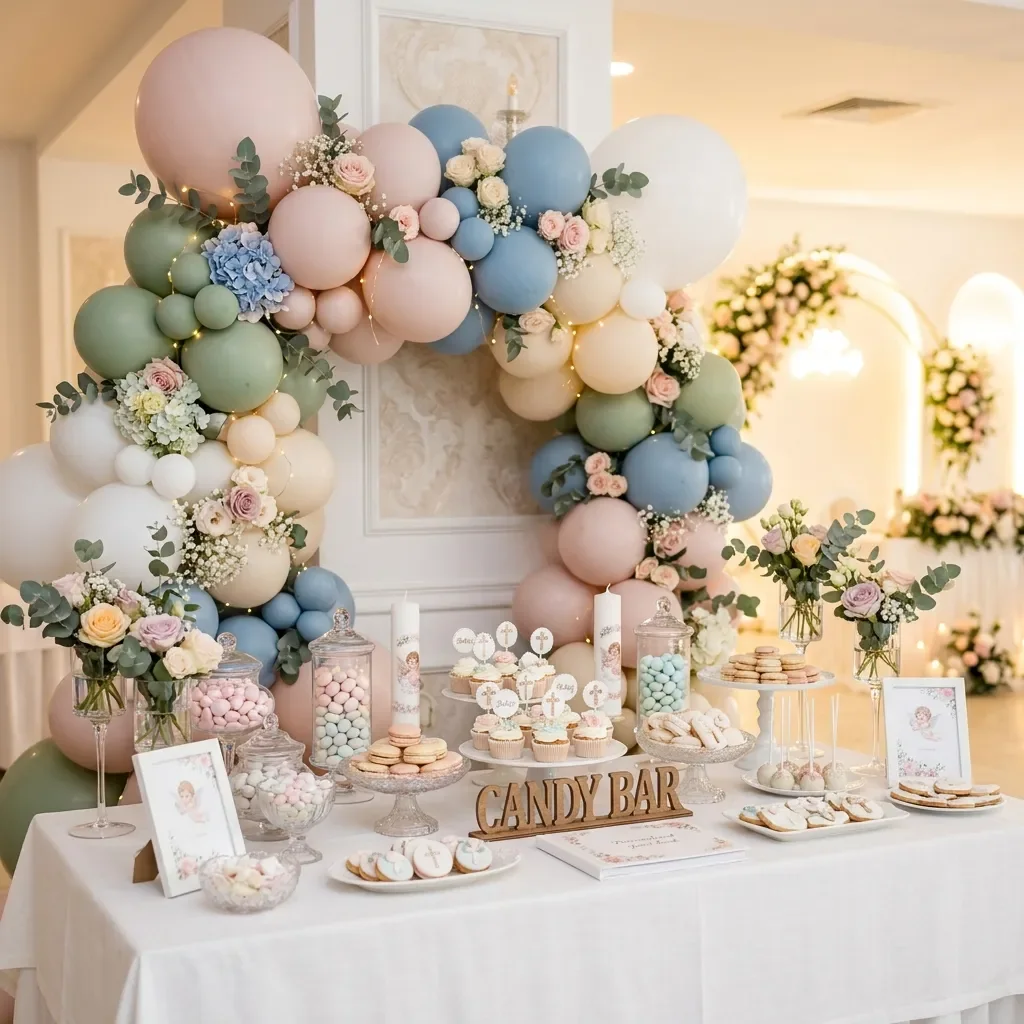 Candy bar încadrat de un decor pastel din baloane
