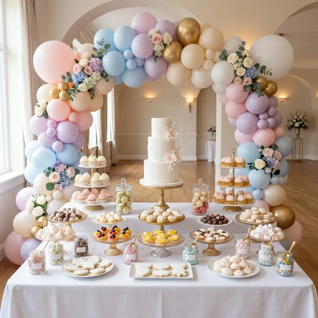 Candy bar și panou foto coordonate într-o locație de eveniment
