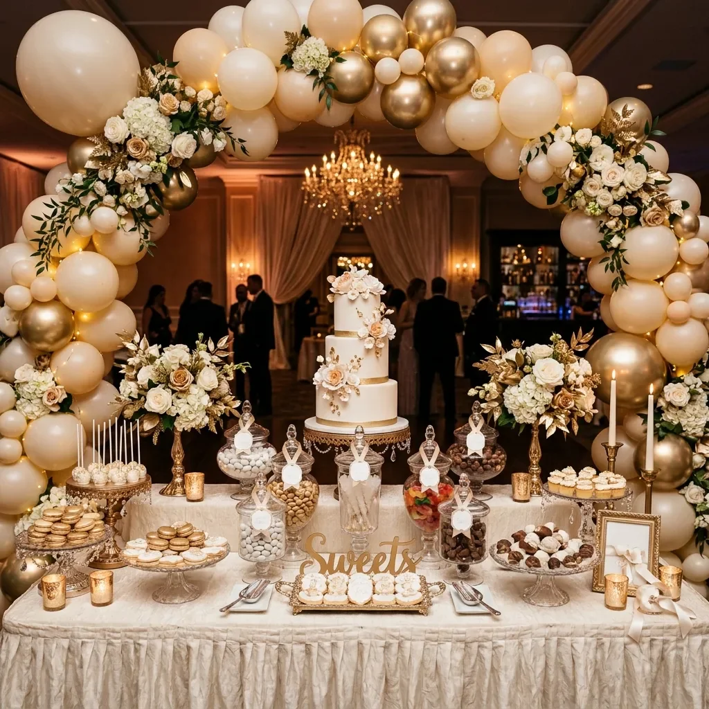 Candy bar de nuntă încadrat de baloane în culori coordonate