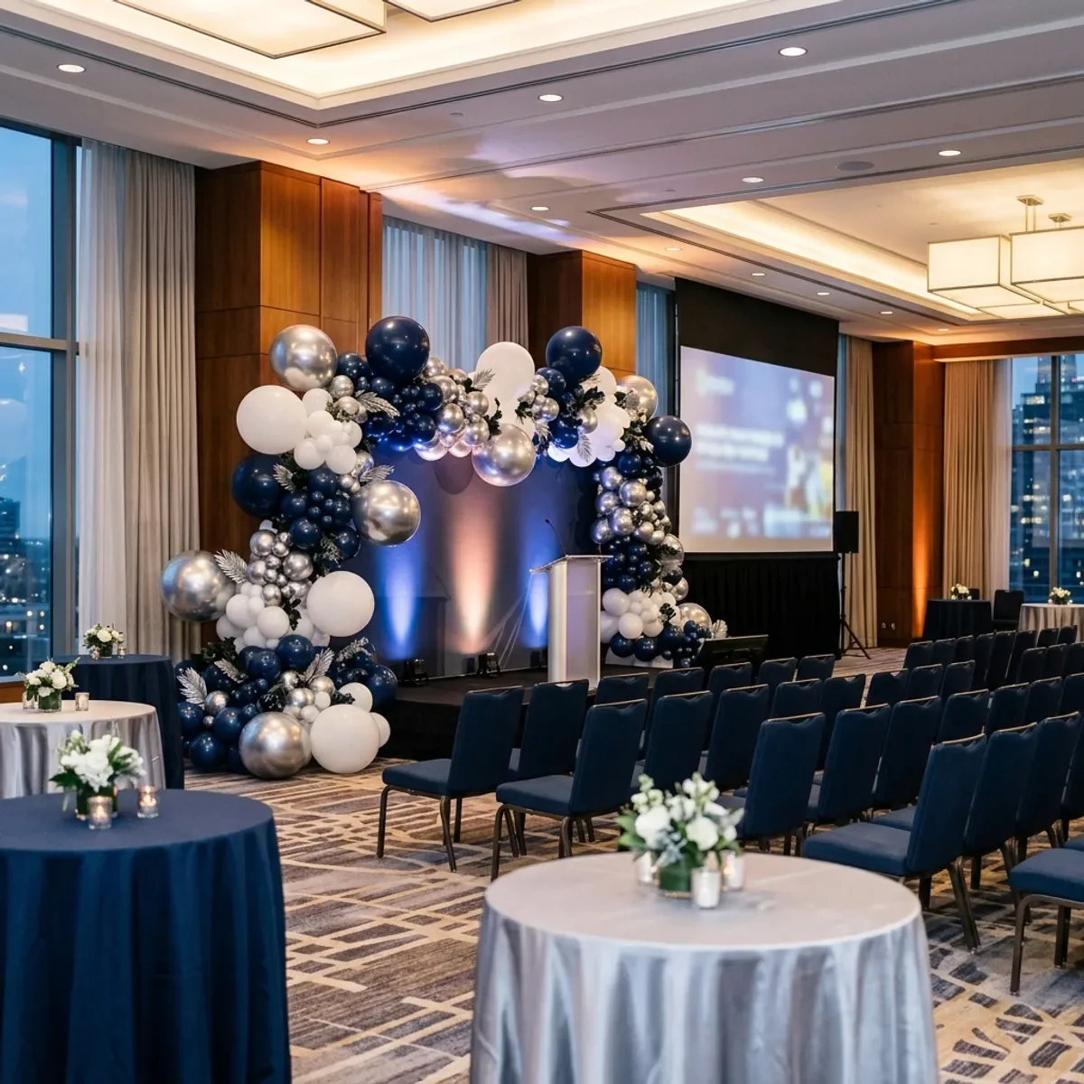 Decor cu baloane într-o sală mare de eveniment