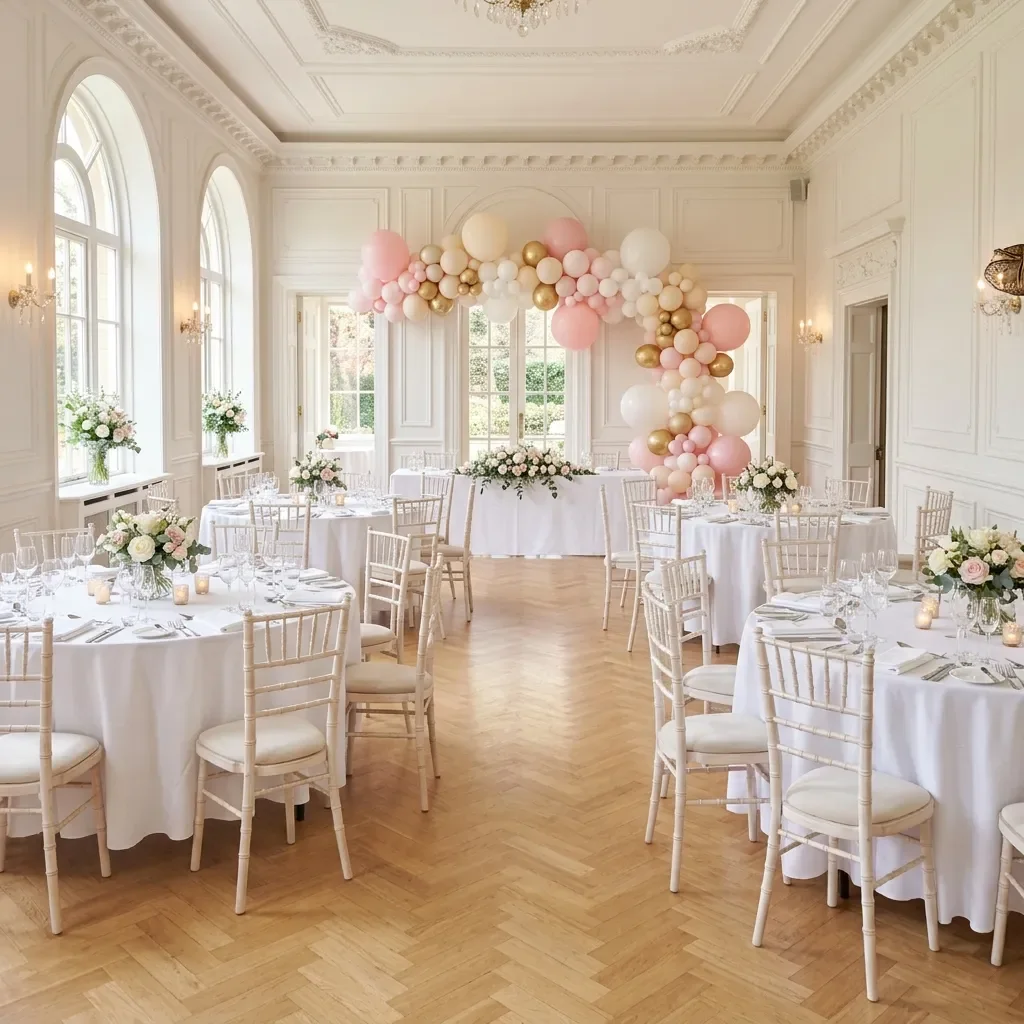 Decor luminos cu baloane pastel pentru baby shower