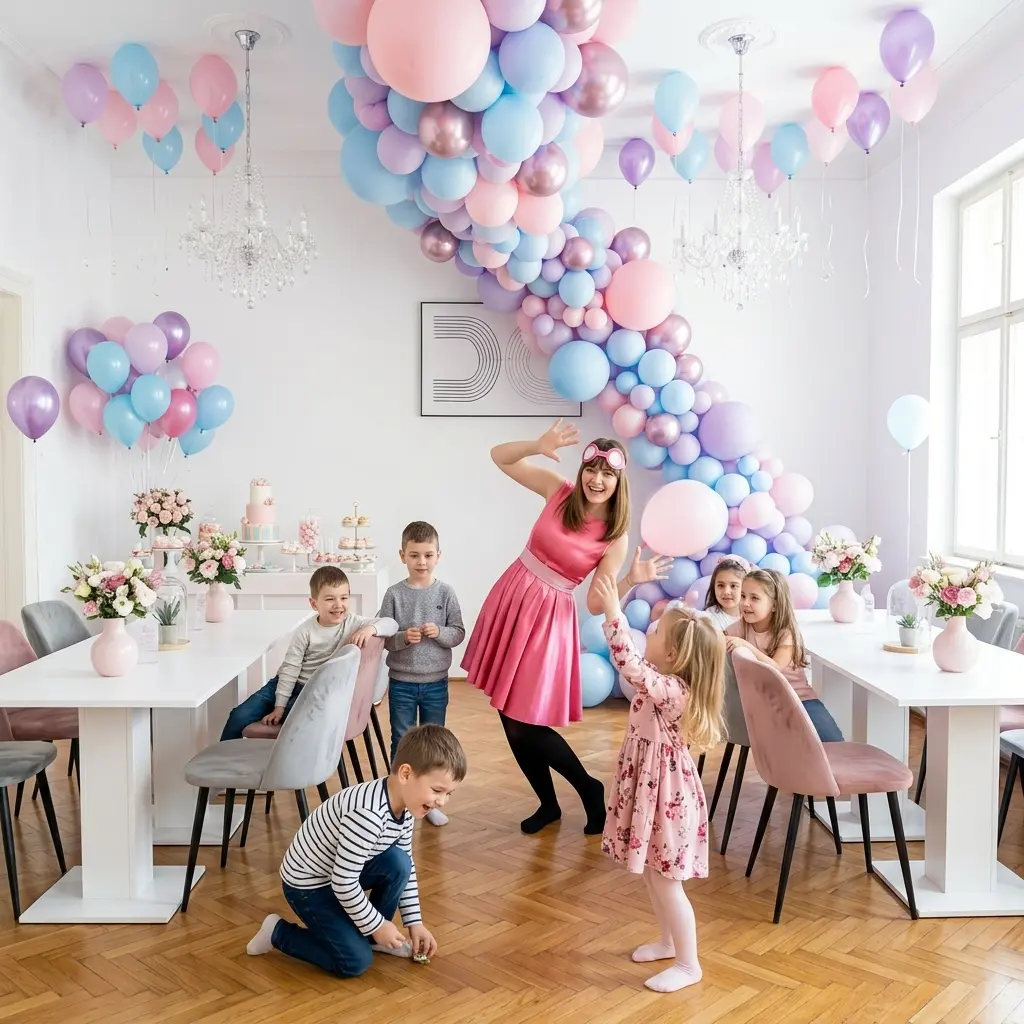 Animator și copii într-un decor luminos cu baloane