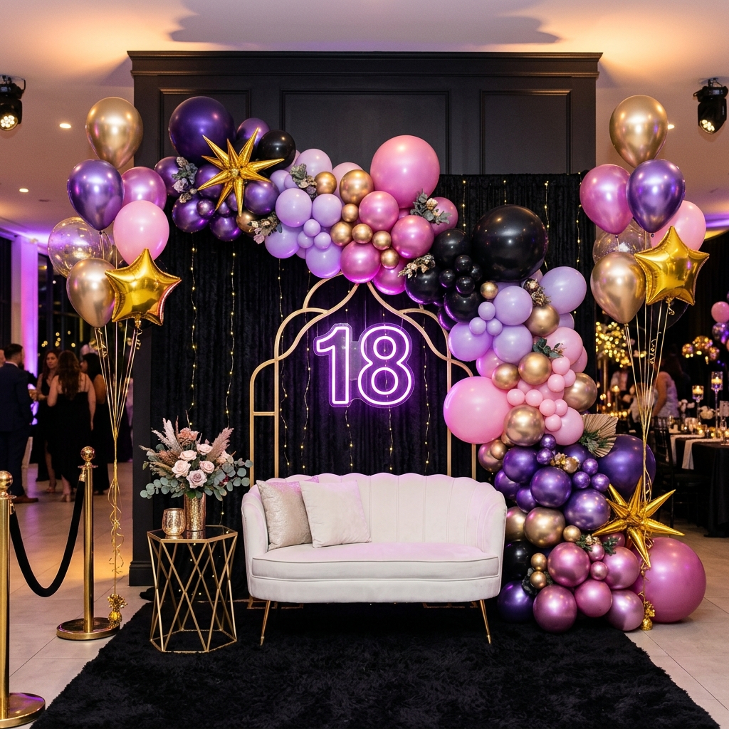 Decor glam cu baloane pentru panou foto de majorat